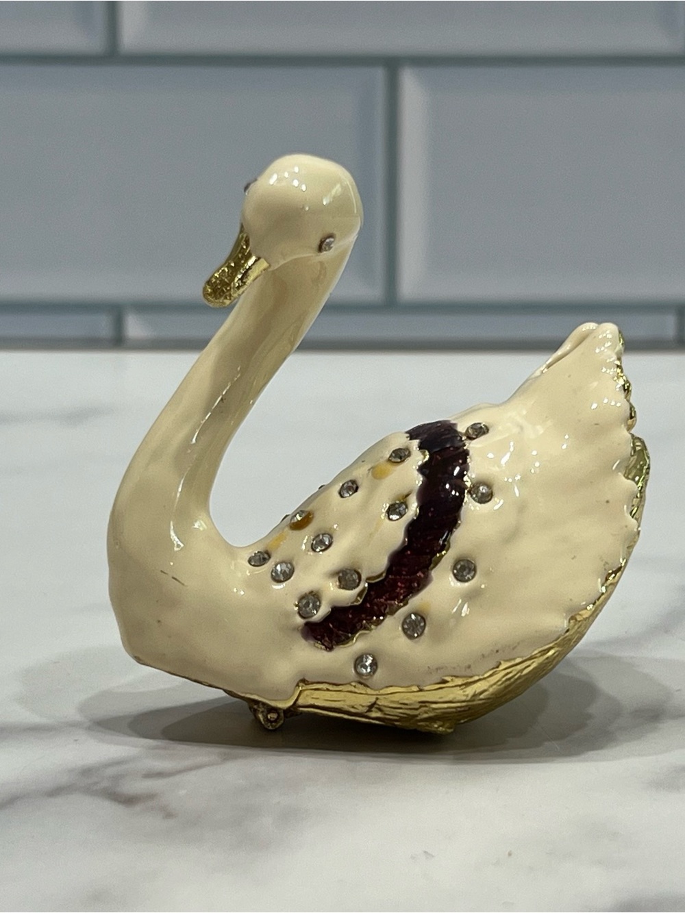 Enameled & Jeweled Swan Hinged Trinket Pill Box Hollywood Regency Glam
